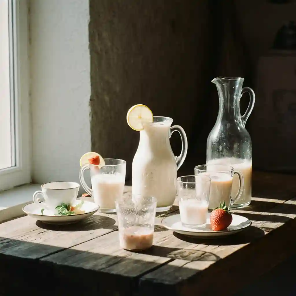 Glass Milk Glass bottles and cups filled with creamy milkshakes and iced milk drinks, creating a warm and elegant kitchen setting
