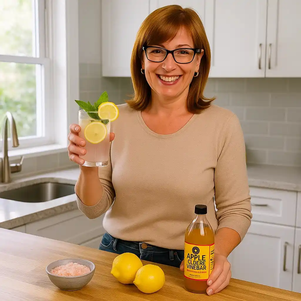 Women serving Himalayan pink salt weight loss recipe in a bright kitchen, showing a healthy and refreshing drink
