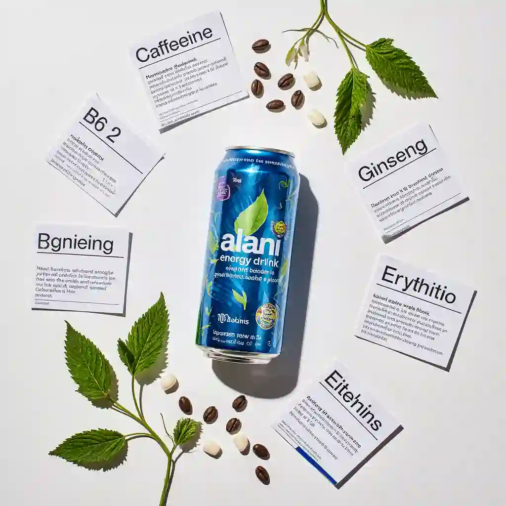 Alani Energy Drink on countertop next to recipe card by Chef Luna