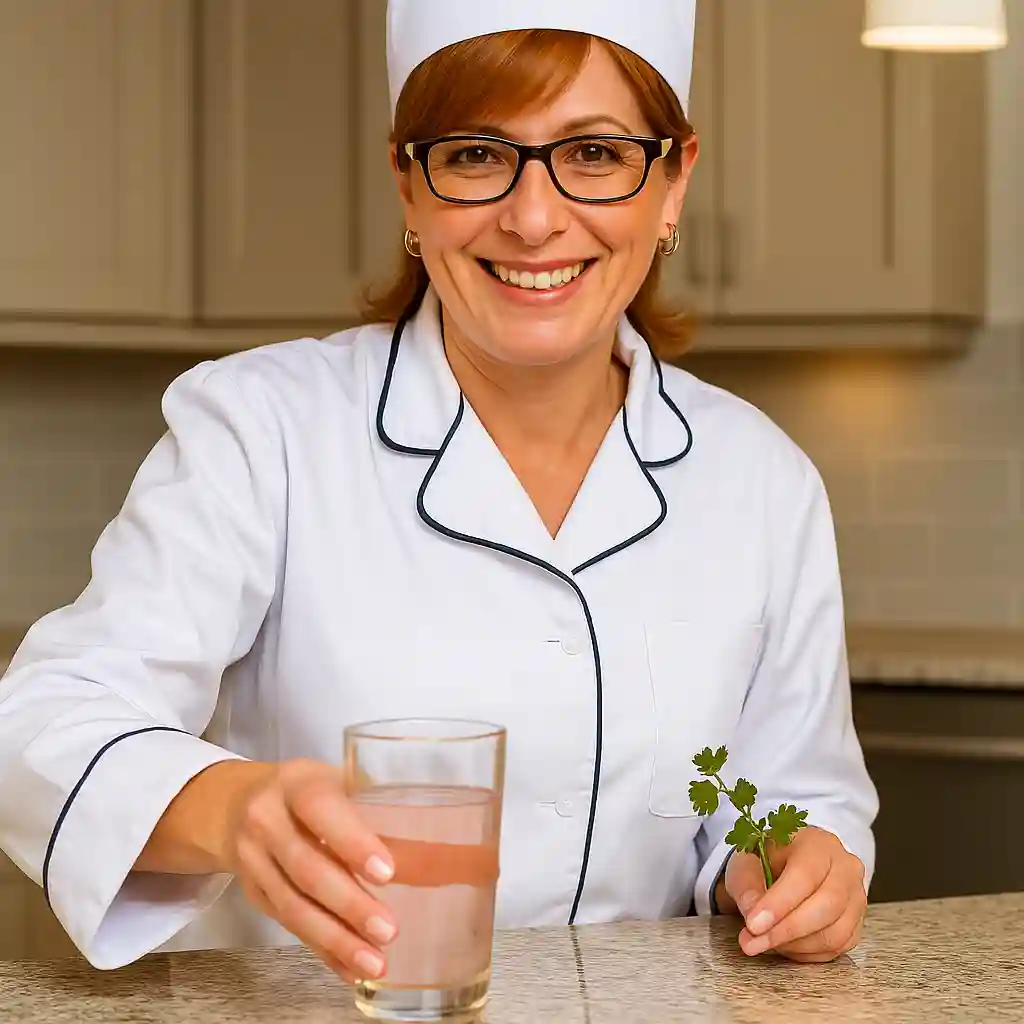Woman serving the Recipe for Pink Salt Trick for Weight Loss in a modern kitchen.
