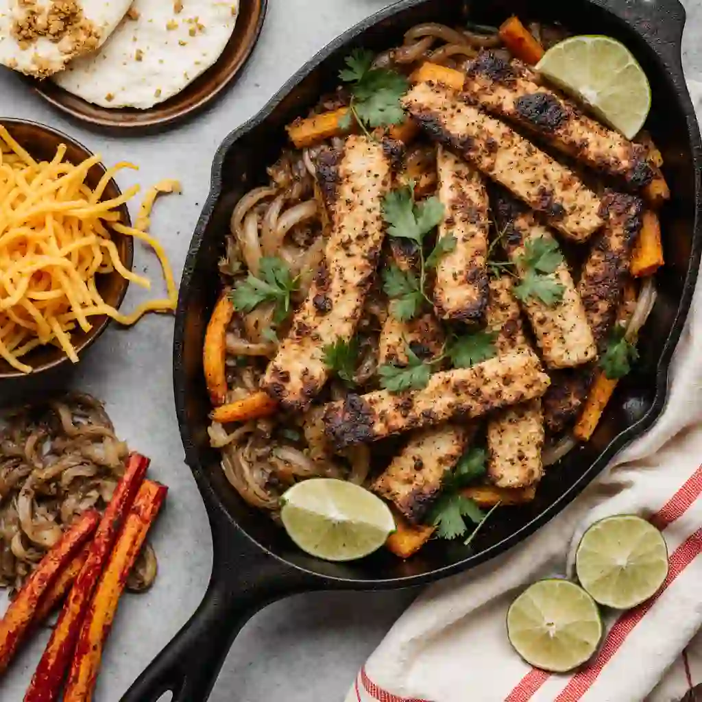 Blackstone Chicken Fajitas sizzling with grilled chicken, peppers, and onions on a rustic wooden table
