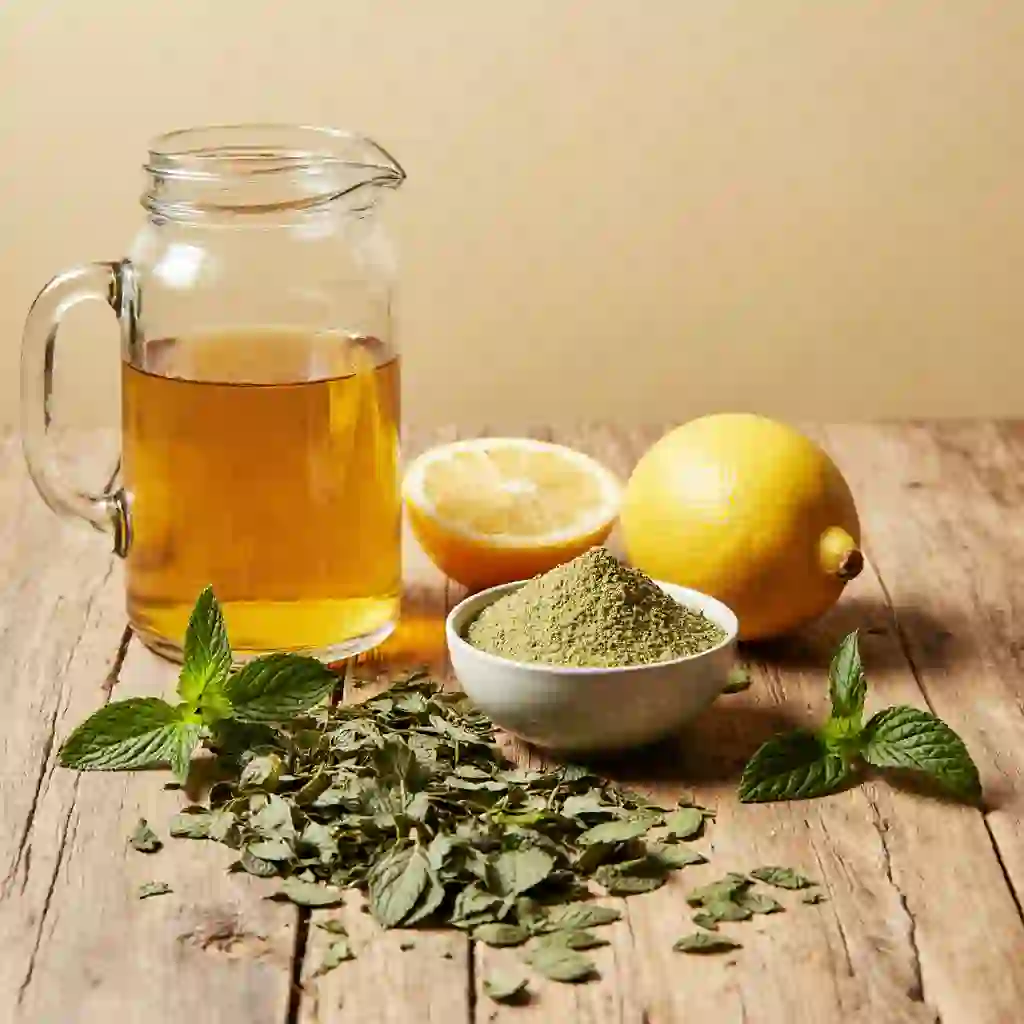 Fresh ingredients for Natural Mounjaro Drink Recipe: mounjaro powder, green tea, honey, lemon, and mint.