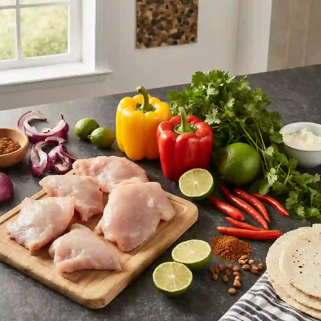 Ingredients for fajitas de pollo including chicken, bell peppers, onions, cilantro, lime, and tortillas