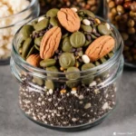Bariatric seed recipe with chia, flax, hemp, and pumpkin seeds in a modern kitchen setting