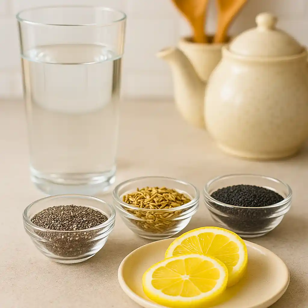 Chia, fennel, and basil seeds with water and lemon slices as key ingredients for bariatric seed tea.