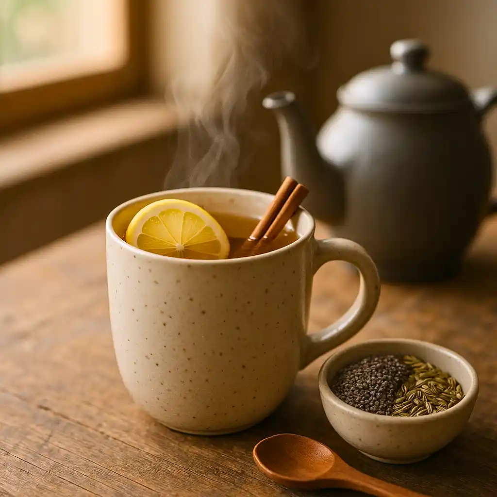 A steaming mug of bariatric seed tea recipe garnished with lemon and cinnamon, perfect for digestive health.