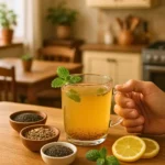 A warm mug of bariatric seed tea with chia, fennel, and basil seeds on a wooden countertop in a cozy kitchen.