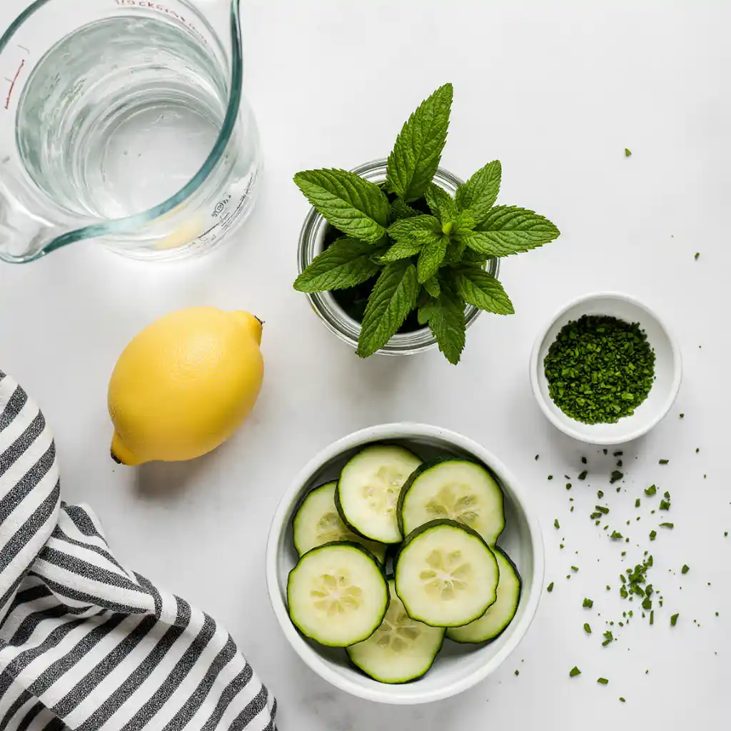 Flat lay of lemon, cucumber, mint, and water for Brazilian Mounjaro Recipe