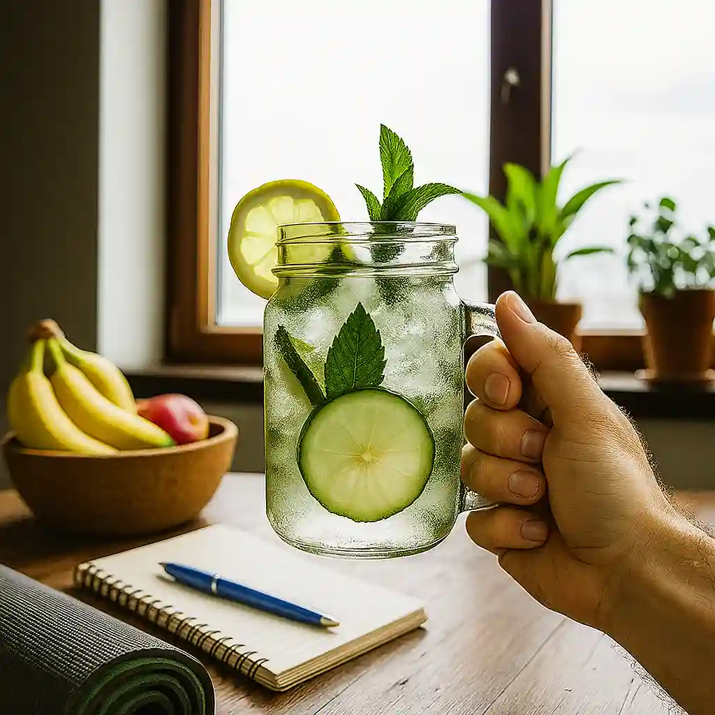 Morning detox routine with a jar of natural Mounjaro drink
