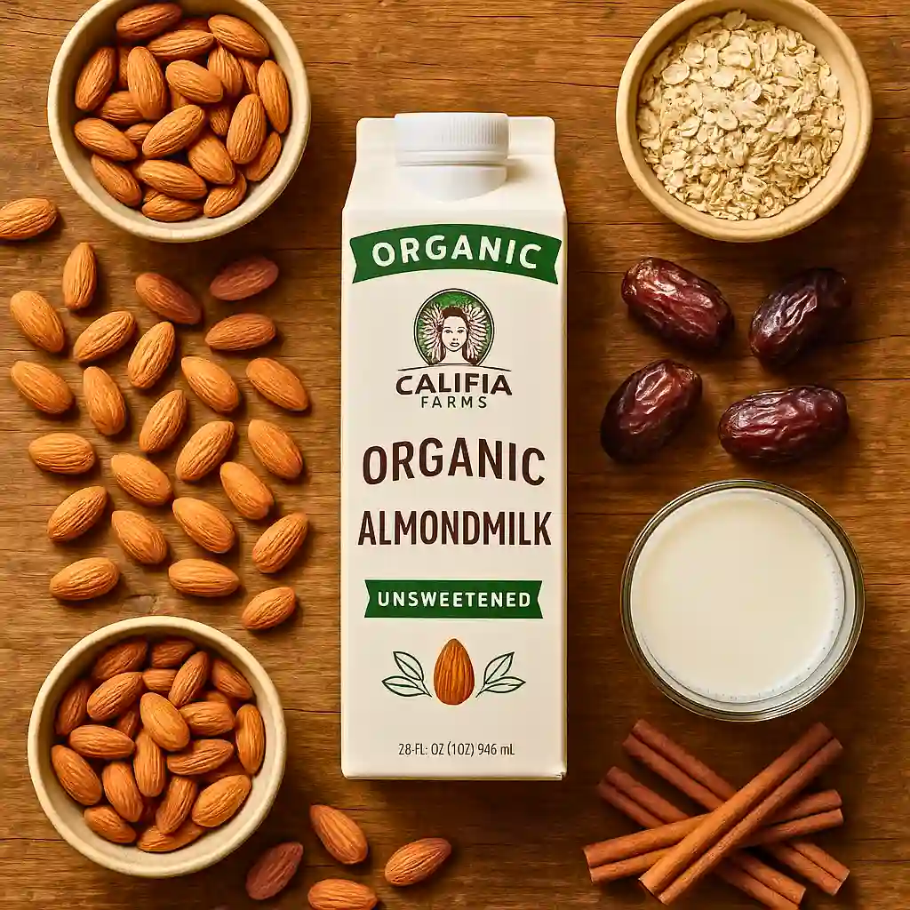 Califia Organic Almond Milk with natural ingredients on a rustic table