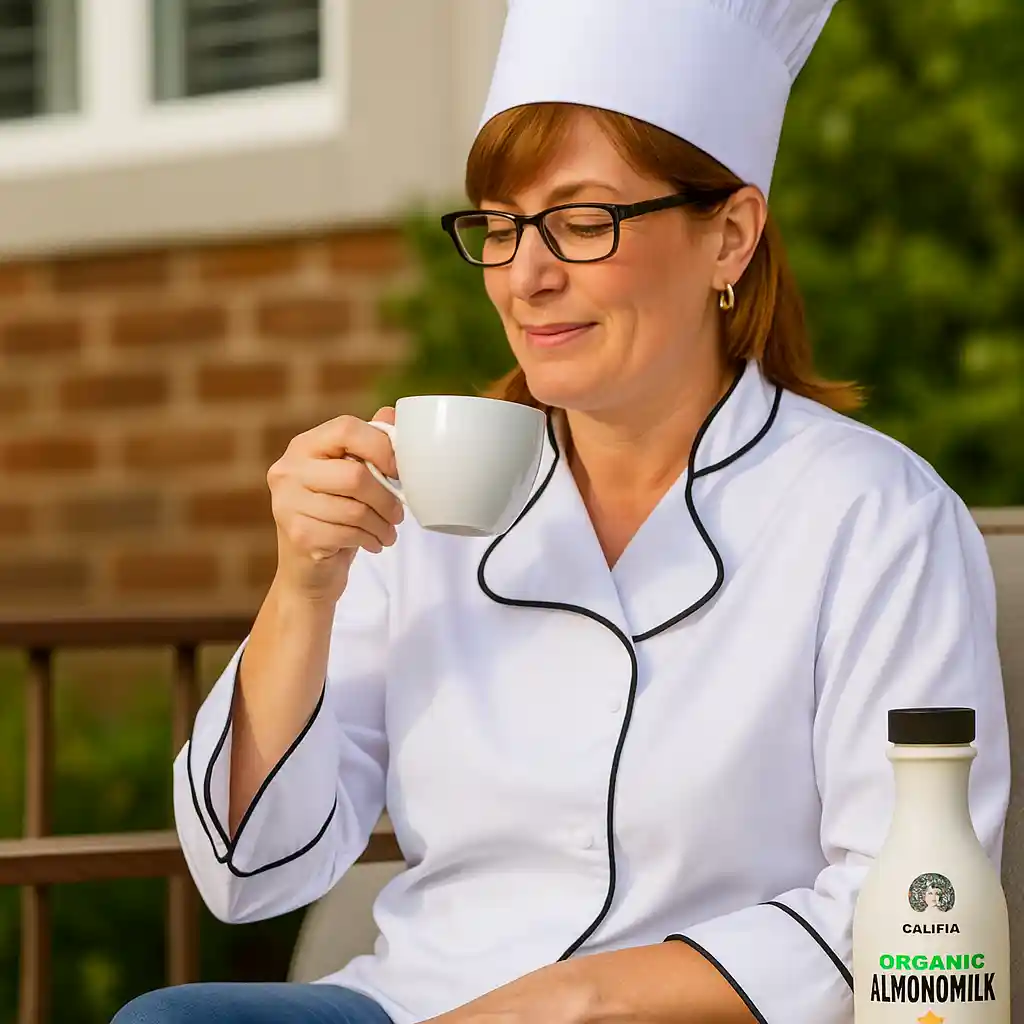 Woman enjoying a Califia Organic Almond Milk latte outdoors