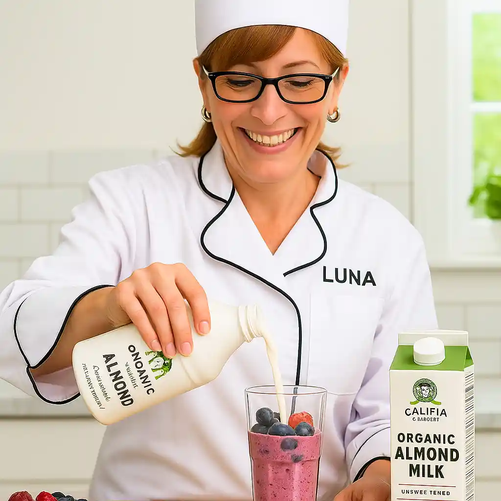 Chef Luna pouring Califia Organic Almond Milk into a smoothie glass filled with berries