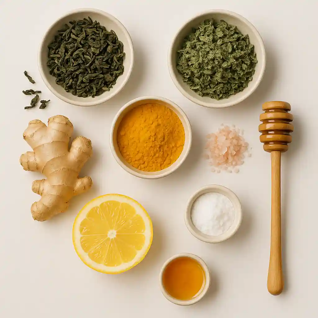 Flat lay of fresh natural ingredients for cortisol tea recipe.