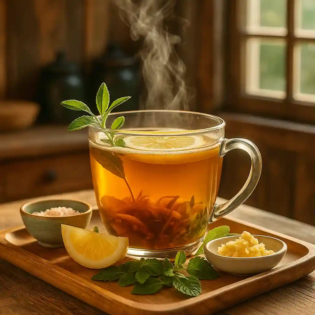 A soothing cup of cortisol tea with fresh lemon balm and ginger in a cozy kitchen.
