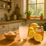 Japanese pink salt detox drink with lemon and herbs on a bamboo mat