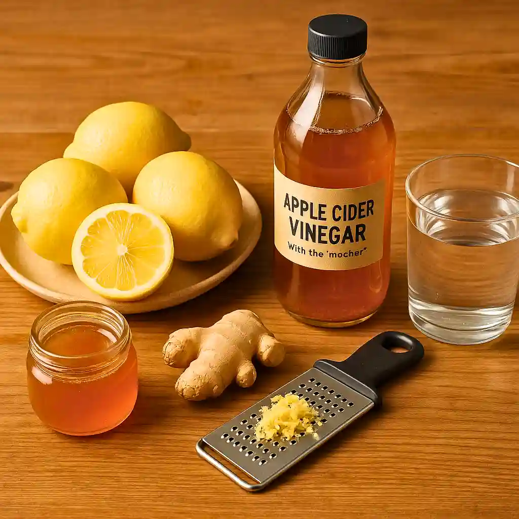 Fresh ingredients for the natural mounjaro recipe for weight loss including lemon, apple cider vinegar, ginger, and honey on a wooden table.