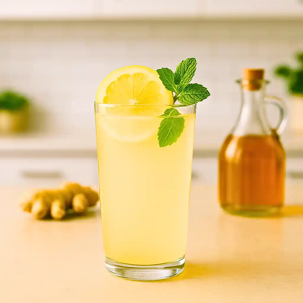 Natural Mounjaro drink served in a clear glass with lemon slice and mint sprig, placed on a kitchen countertop.