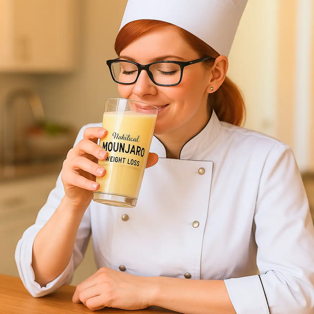Person enjoying a glass of natural Mounjaro drink for weight loss, sitting at a kitchen table with a smile.