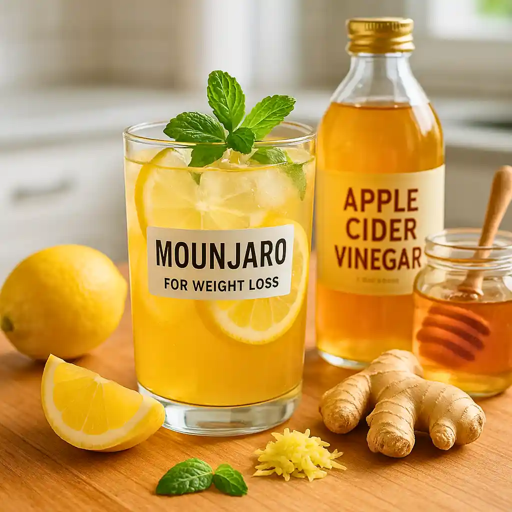 Natural Mounjaro drink for weight loss with fresh ingredients including lemon, ginger, and apple cider vinegar on a kitchen counter.