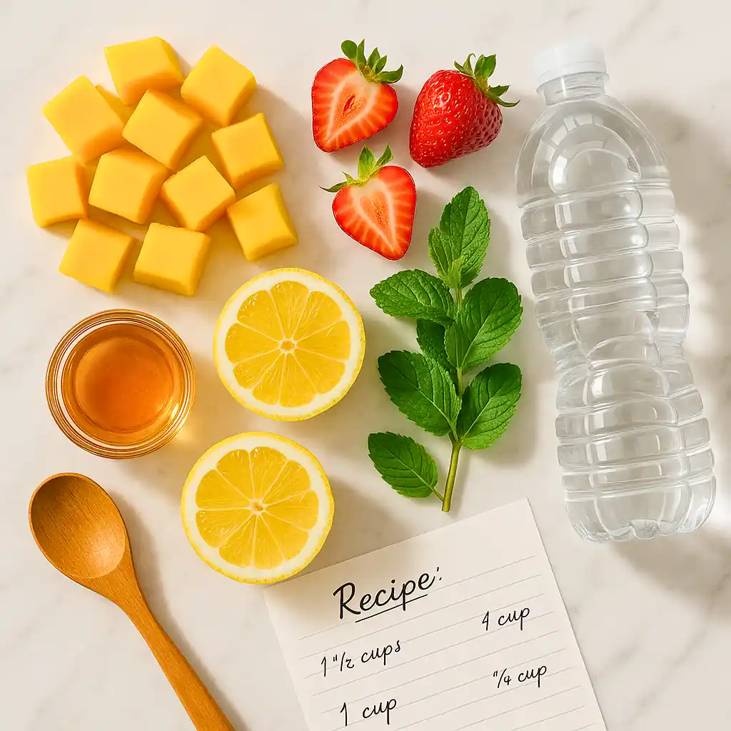 Ingredients for Strawberry Mango Lemonade Recipe arranged on a marble kitchen counter