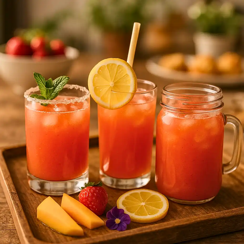 Three styled glasses of Strawberry Mango Lemonade Recipe with garnishes on a wooden tray