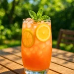 Refreshing strawberry mango lemonade in a glass with lemon and mint on a sunny outdoor table