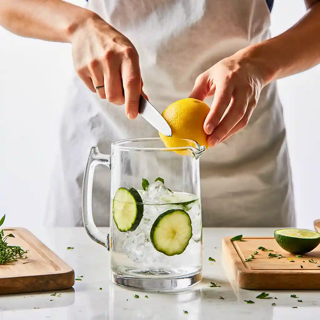 Chef Luna preparing the Ice Water Hack Recipe by adding lemon and cucumber to a glass pitcher filled with ice and water.