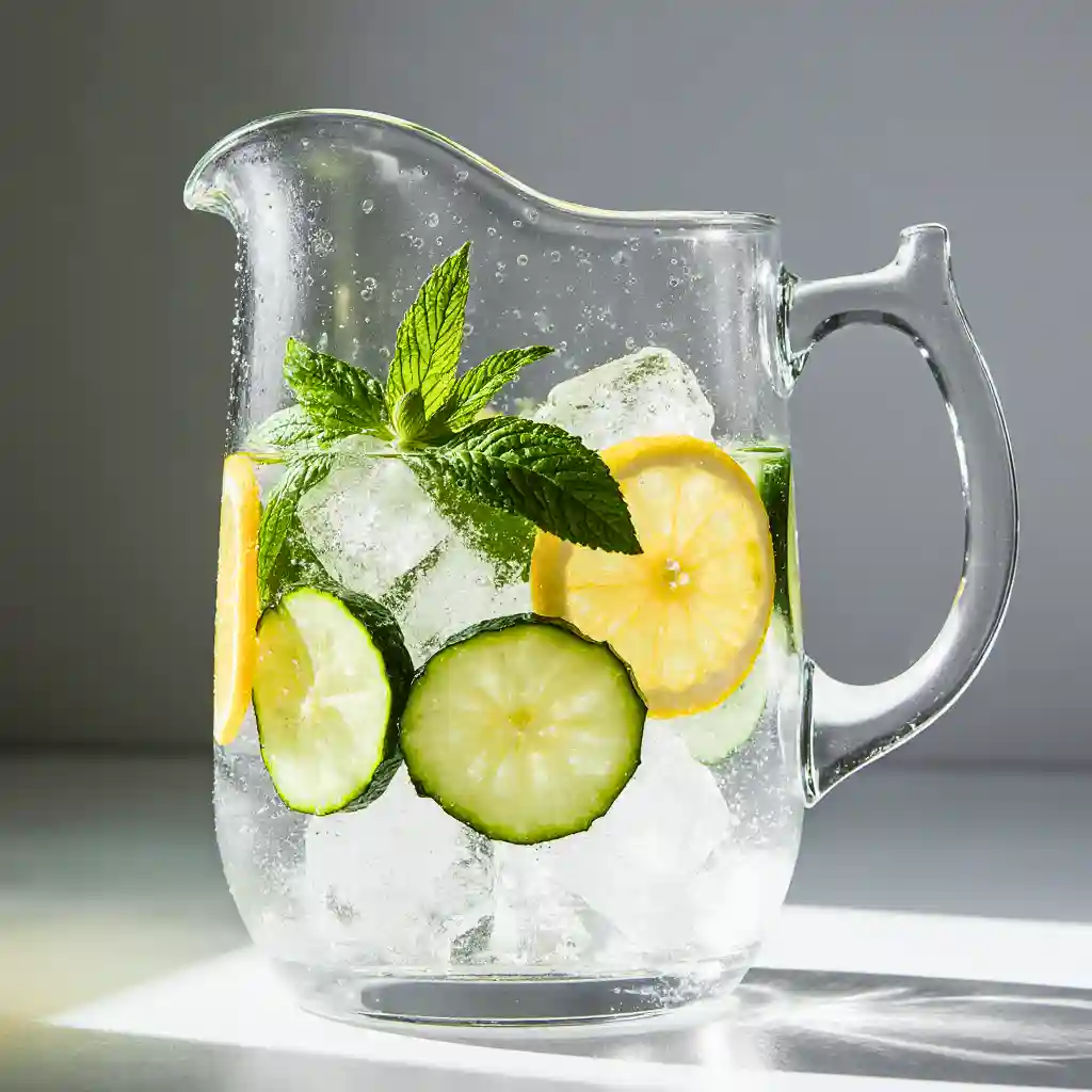 Close-up of Ice Water Hack Recipe infusing in the fridge with ice cubes, lemon, cucumber, and mint.