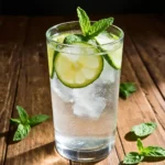 Fresh ingredients for Ice Water Hack for Weight Loss Recipe including lemon, cucumber, mint, ginger, and apple cider vinegar on a wooden kitchen counter.