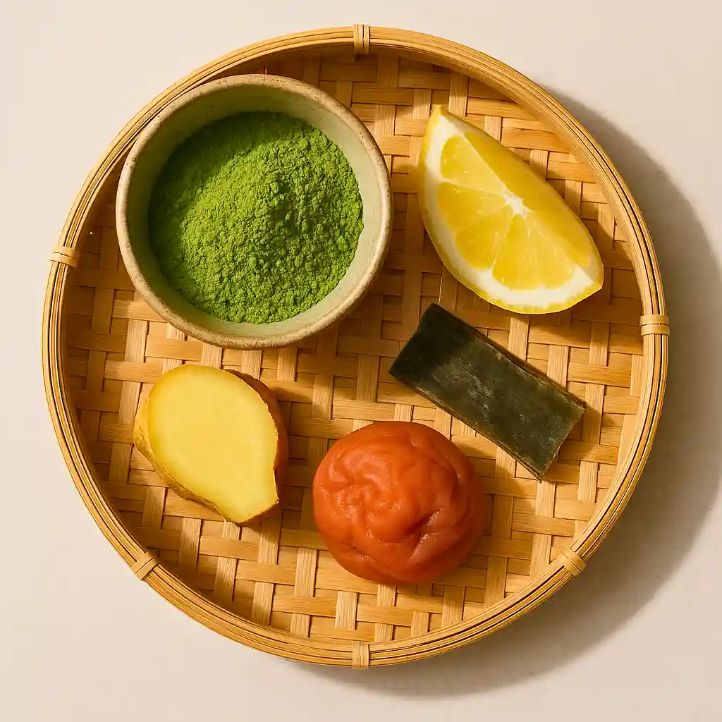 Matcha, ginger, umeboshi plum, and kombu arranged on a tray