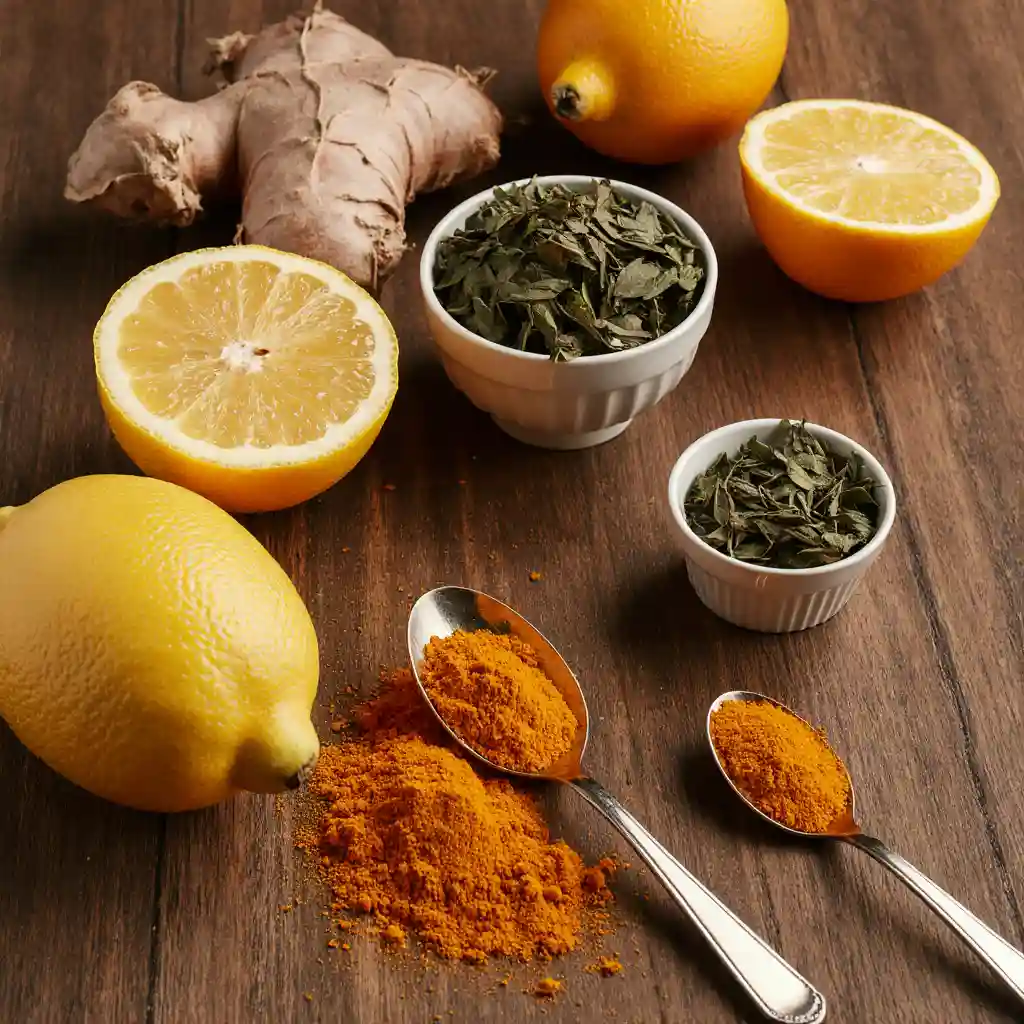 Fresh ingredients for the Burn Jaro recipe: citrus fruits, turmeric powder, ginger root, and green tea leaves.