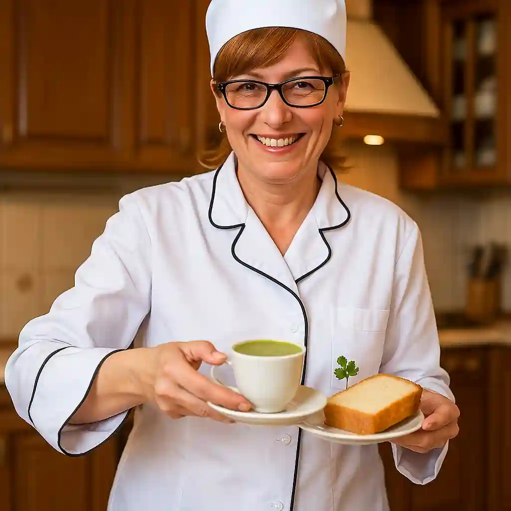 Serving Japanese Mountjaro – Woman serving a warm cup of Japanese Mounjaro with milk bread in a cozy kitchen.