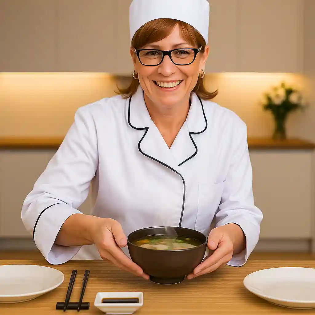 Woman serving Japanese clear soup in a modern kitchen, placing the bowl on a dining table