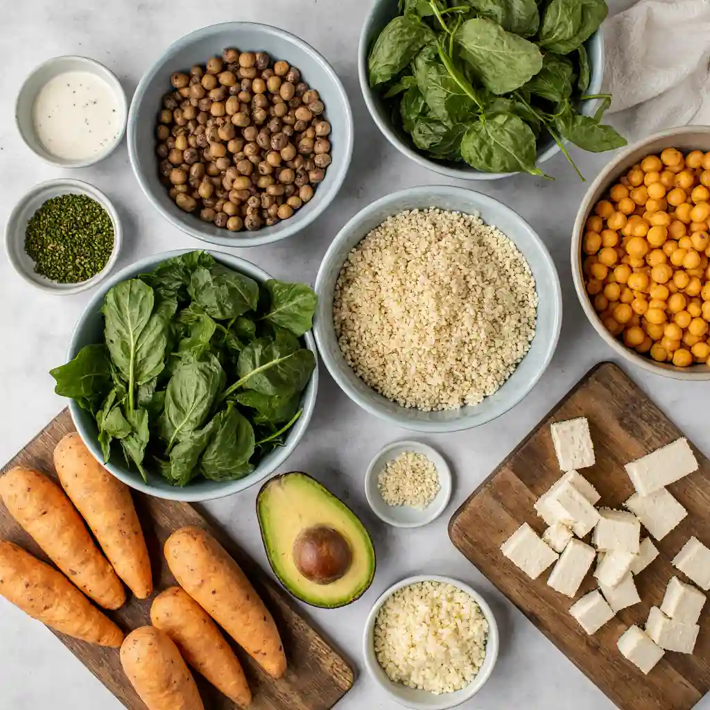 Fresh ingredients for vegan meal prep recipes including quinoa, tofu, roasted sweet potatoes, and avocado