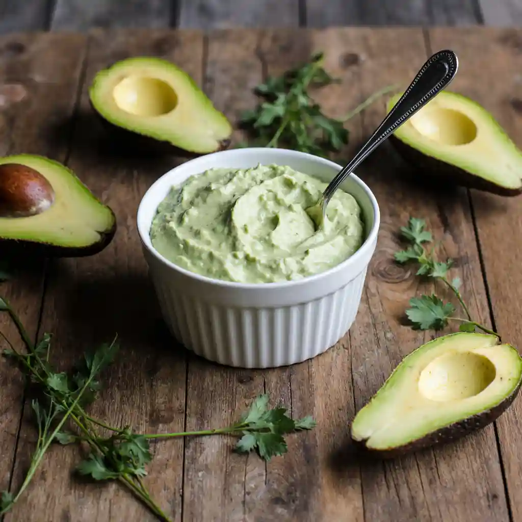 Creamy avocado mayo on a wooden countertop with fresh avocados and herbs