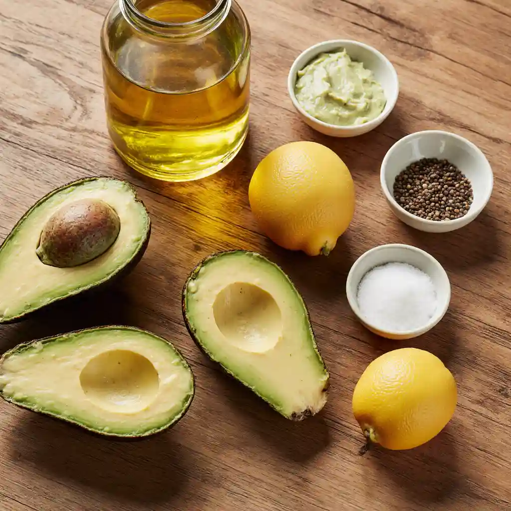 Avocado Mayo Recipe Ingredients – Fresh ripe avocados, avocado oil, lemon, Dijon mustard, and seasonings for making homemade avocado mayo