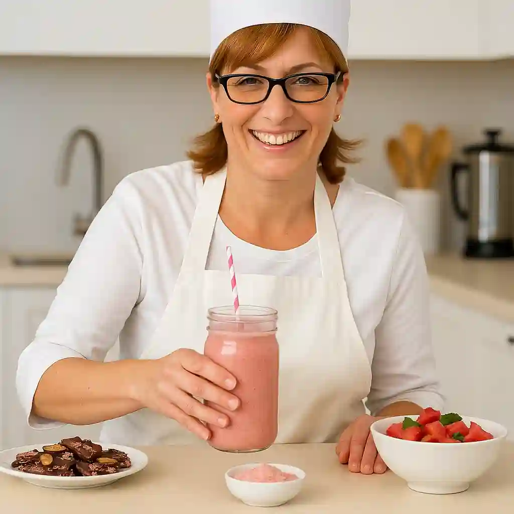 Women serving a detox smoothie and pink salt chocolate bark in a modern kitchen.