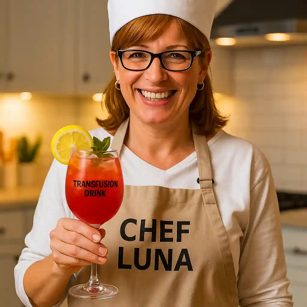 A woman serving a Transfusion Drink in a stylish modern kitchen, holding a glass with lemon and mint garnish