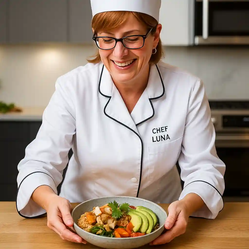 A woman serving a healthy Japanese Monjaro recipe in a modern kitchen, featuring quinoa, vegetables, grilled chicken, and avocado