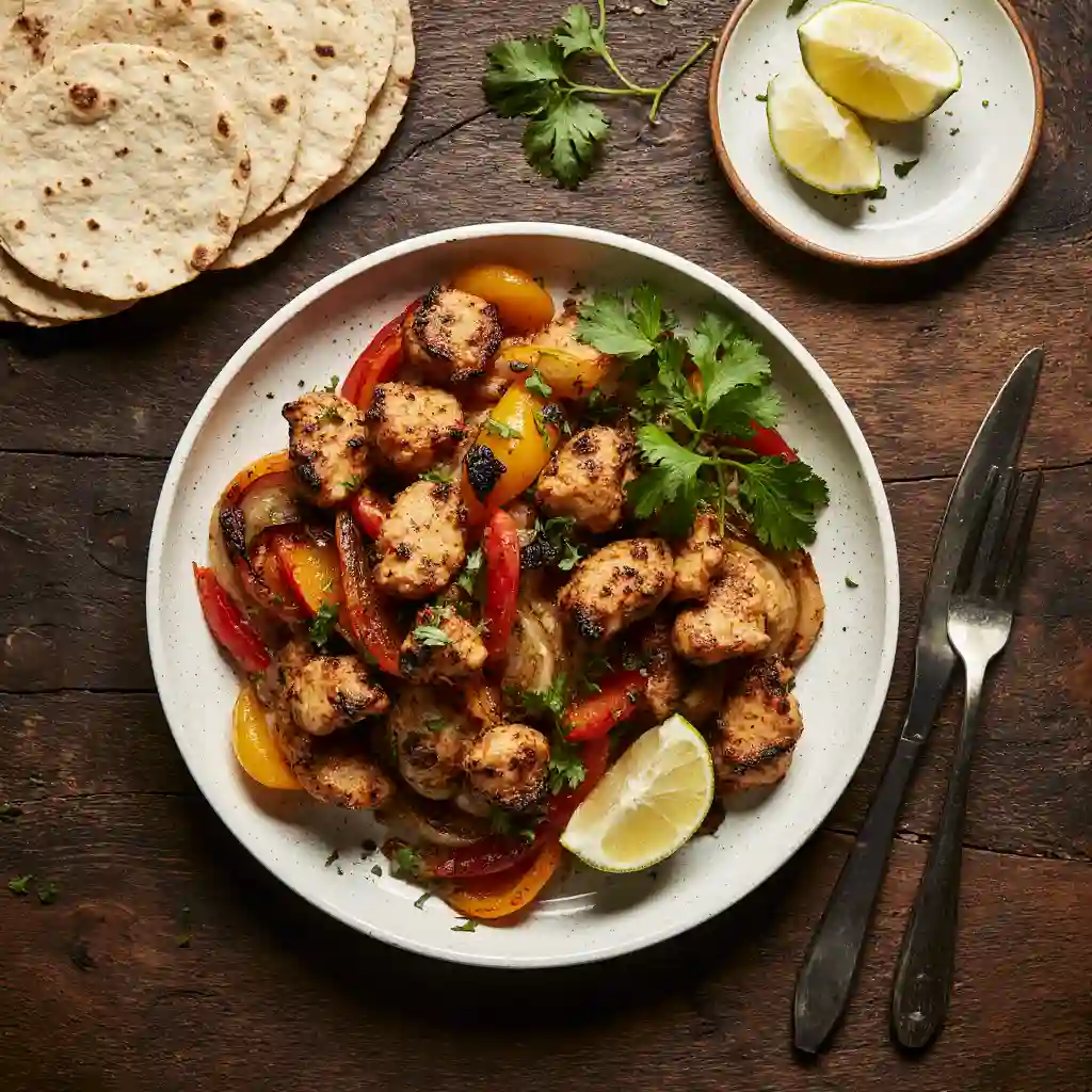 Delicious chicken fajitas with colorful bell peppers and grilled chicken, served with tortillas, cilantro, and lime slices