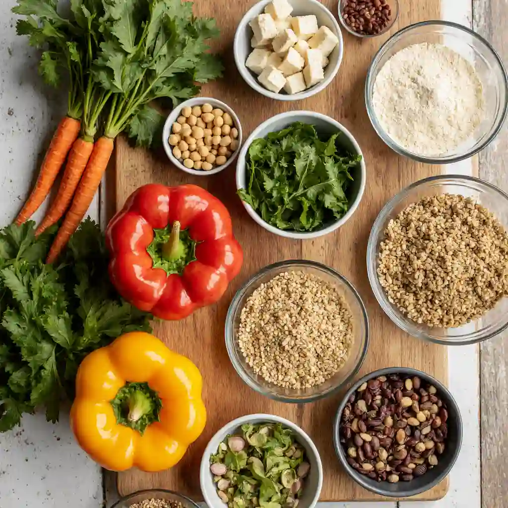 Fresh vegetables, whole grains, legumes, and plant-based protein for plant-based meal prep recipes