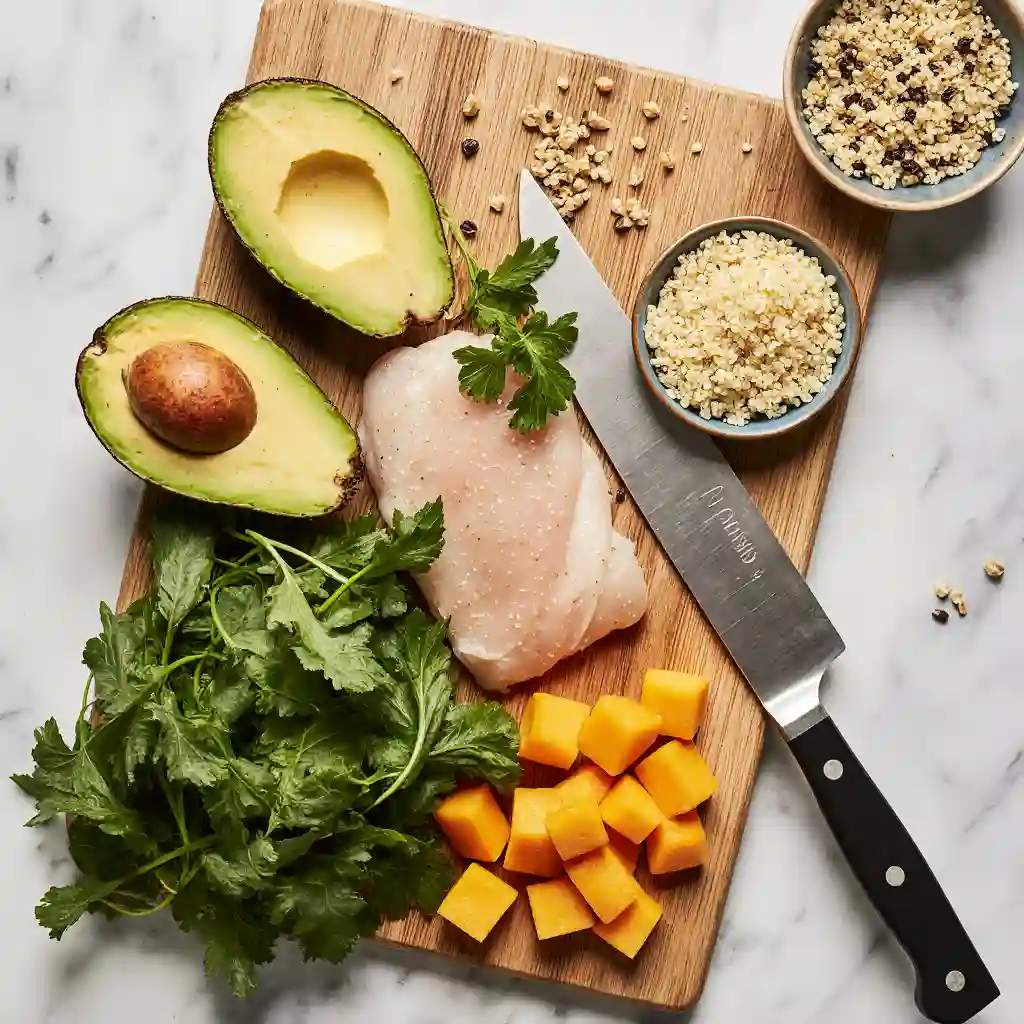 Fresh ingredients for healthy meal ideas on Mounjaro including quinoa, avocado, leafy greens, chicken, and sweet potatoes