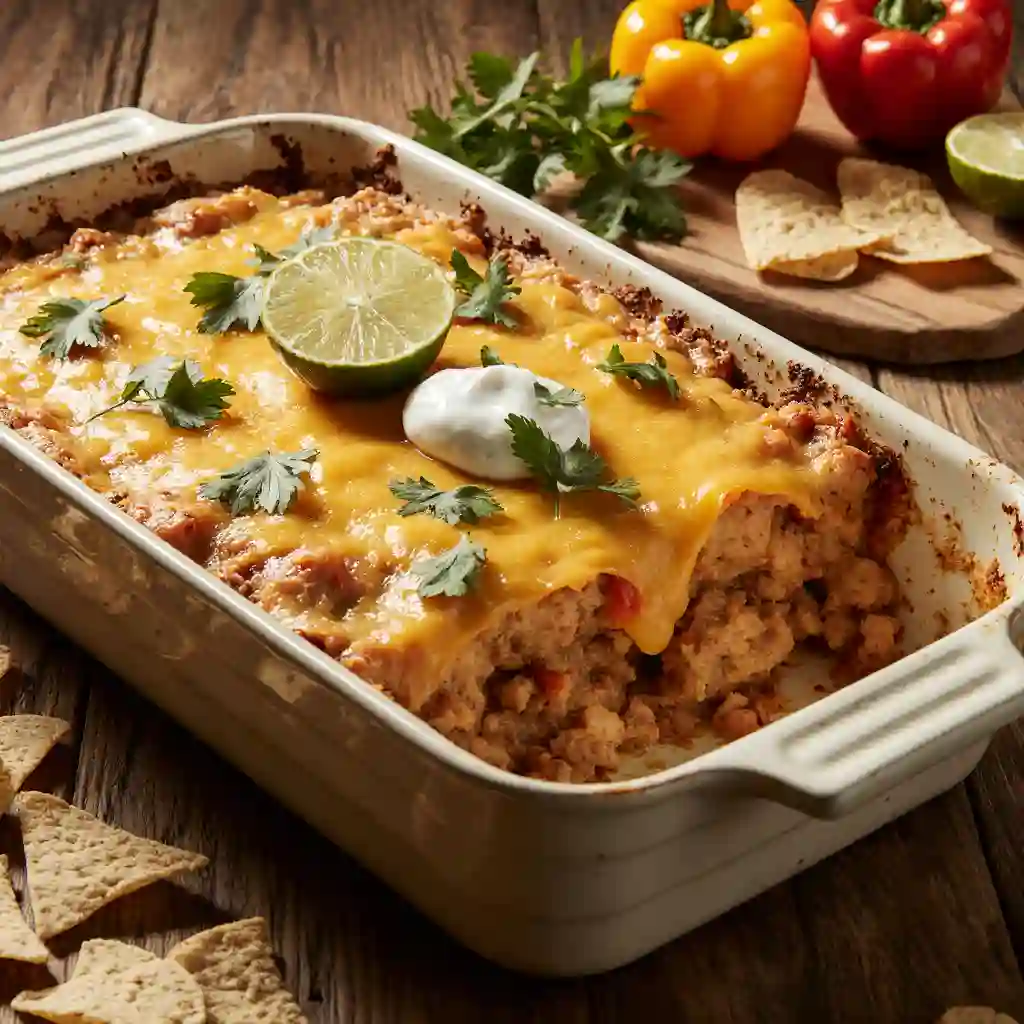 Best Chicken Fajita Casserole in a rustic dish with melted cheese, cilantro, and lime, served on a wooden table with tortilla chips and bell peppers