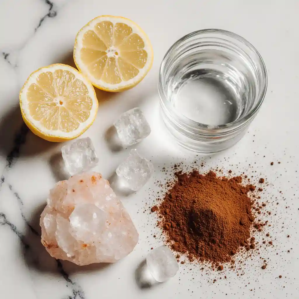 Fresh ingredients for the Pink Salt Trick Recipe: Brazilian pink salt, warm water, and fresh herbs