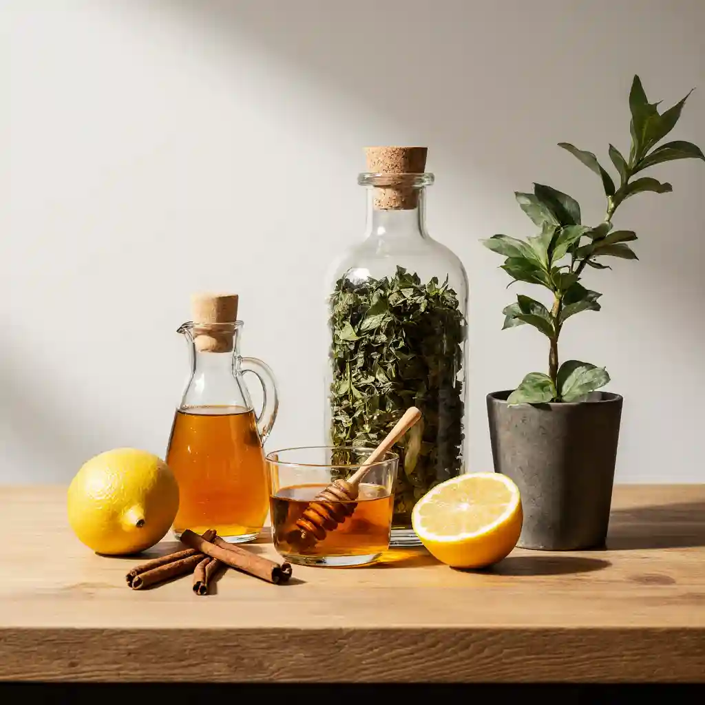 Ingredients for Natural Zepbound Recipe for Weight Loss including green tea, apple cider vinegar, honey, lemon, and cinnamon on a kitchen counter.