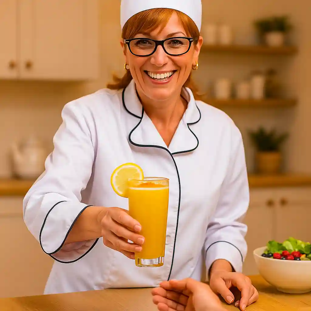A woman serving a glass of Burn Jaro recipe in a warm kitchen, offering a healthy and refreshing drink.