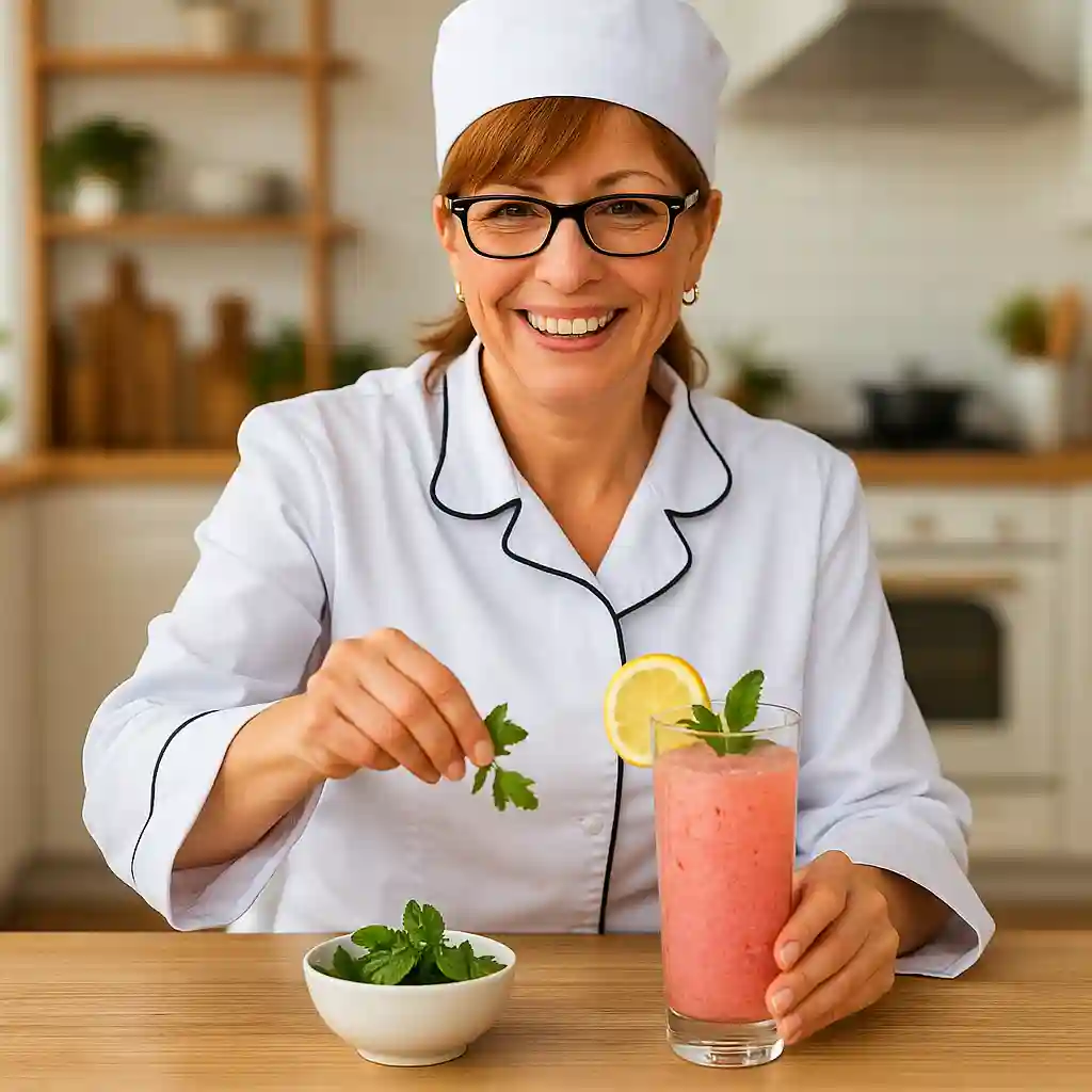 Serving Burnjaro Pink Salt Recipe: Woman serving a healthy pink salt drink with lemon and mint.