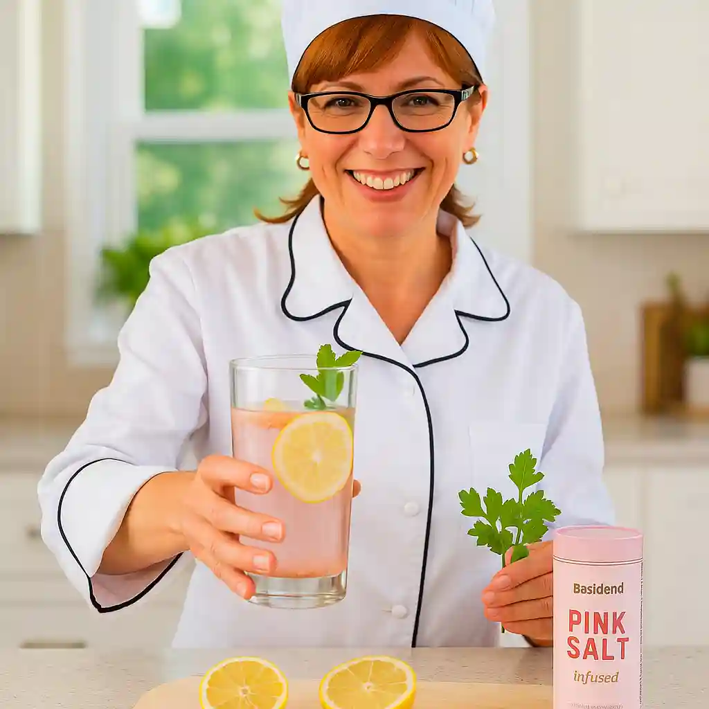 Women serving the Barislend Pink Salt Trick recipe in a modern kitchen, with fresh lemon slices on the counter