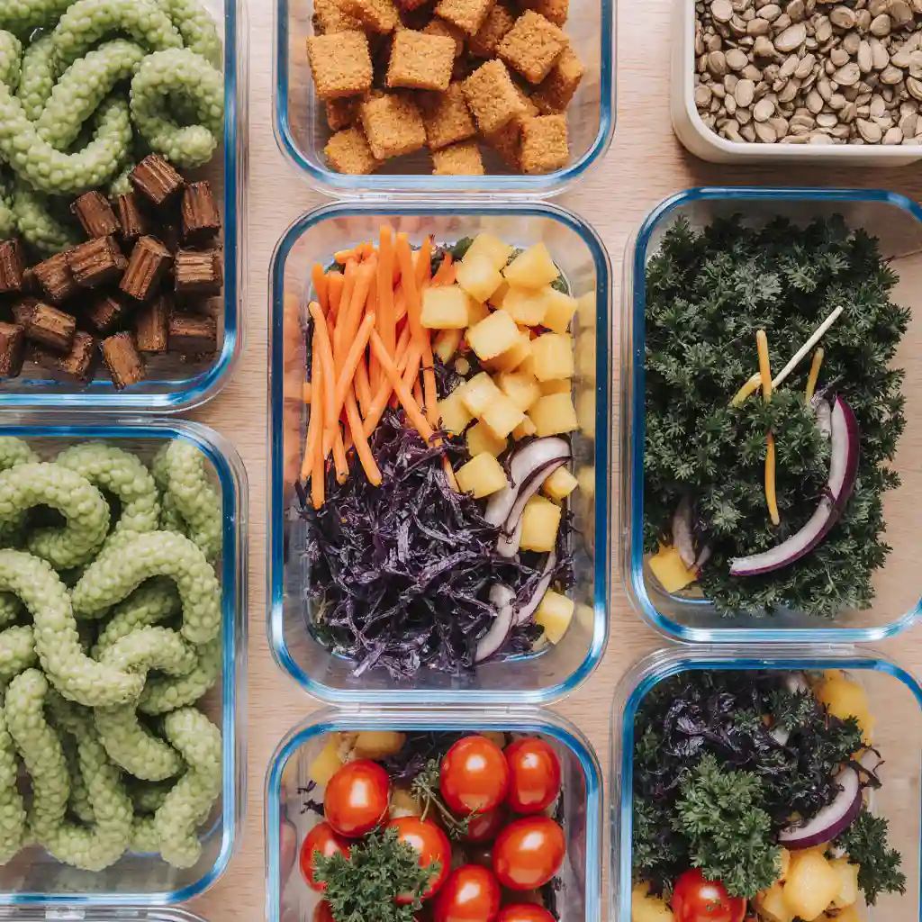 Vegan meal prep recipes with high-protein meals in containers, including quinoa, tofu, and roasted vegetables