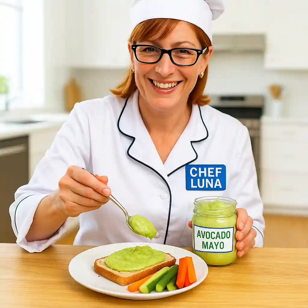 Serving Avocado Mayo Recipe – Woman serving homemade avocado mayo on a sandwich in a bright kitchen